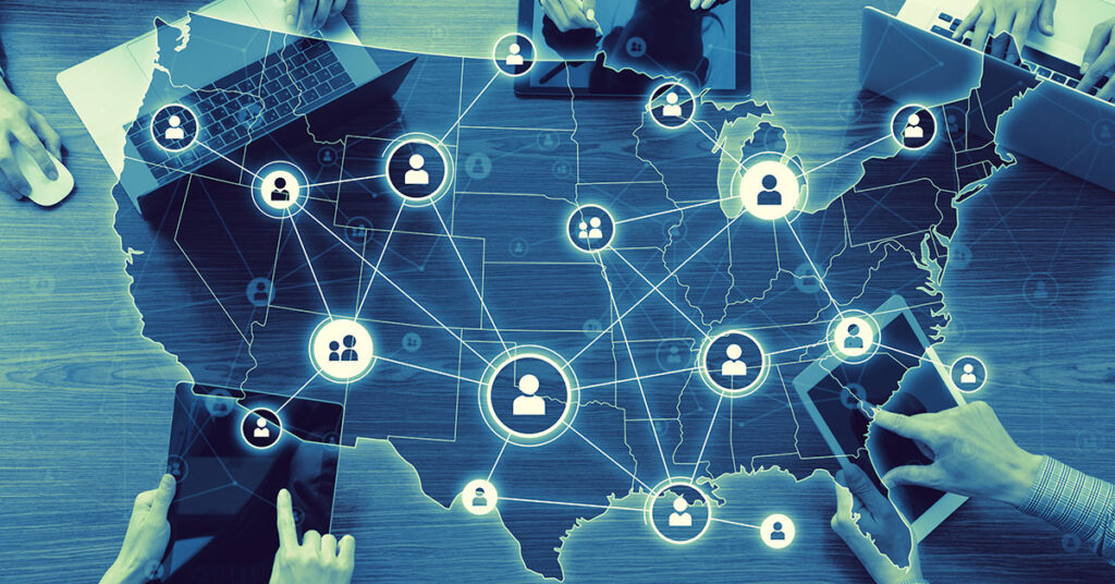 computer network graphic superimposed over map of United States