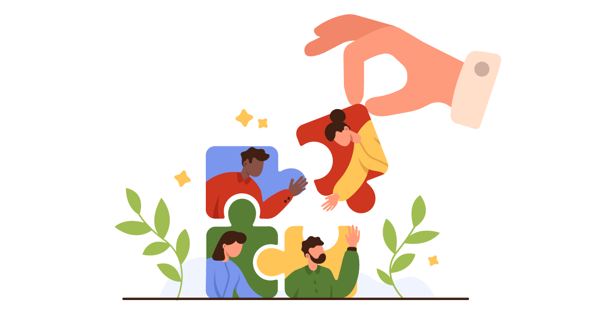 Illustration of a hand putting puzzle pieces together, the pieces have people on them.