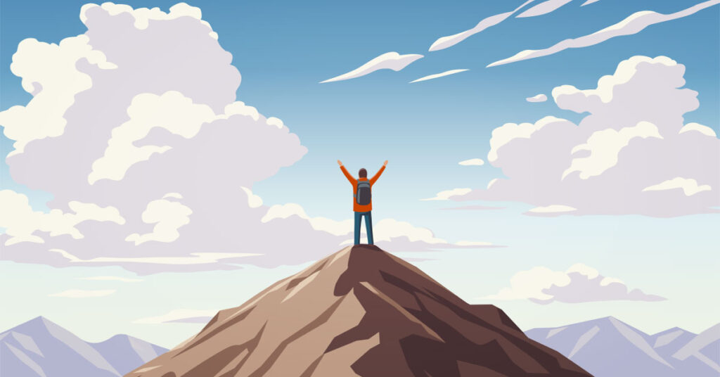 illustration of a mountain climber with raised arms at the top of a mountain